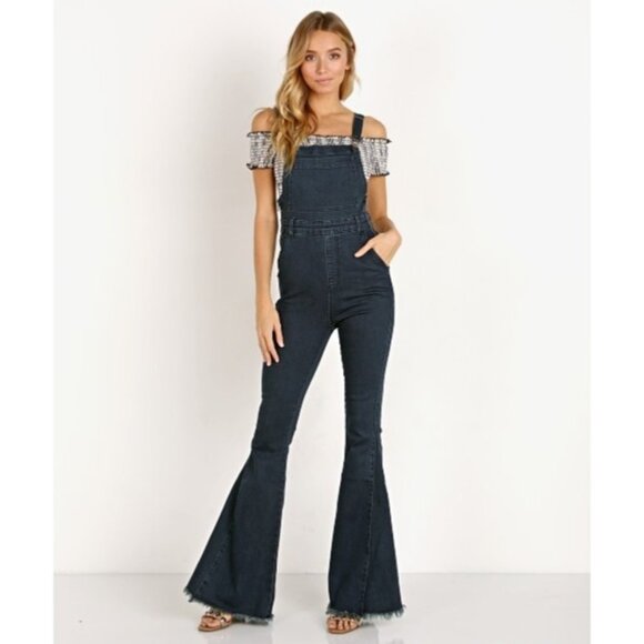 Show Me Your MuMu Denim - SHOW ME YOUR MUMU Berkeley Bell Overalls Frayed Hem in Dark Rainstorm